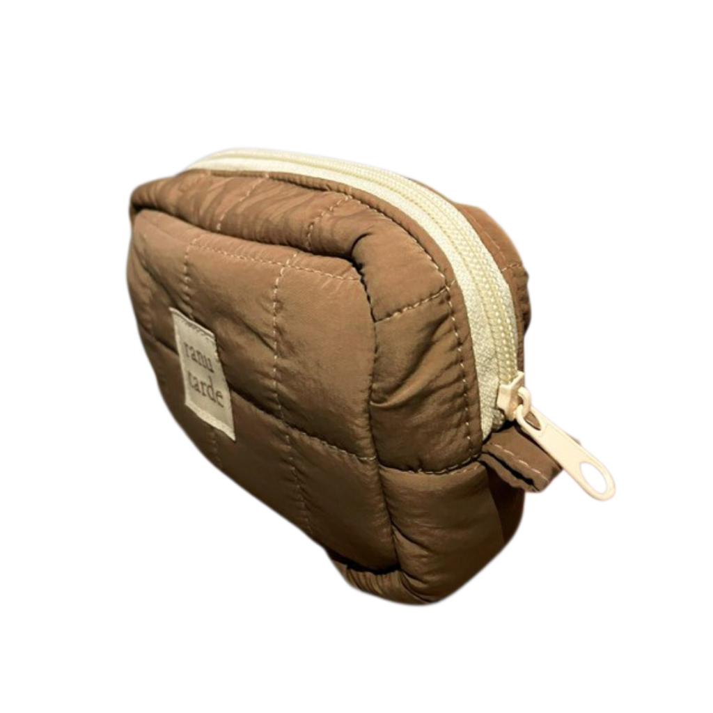 ranu tarde Gingerbread mini pouch in brown quilted parachute fabric with a nylon zipper and side brand label